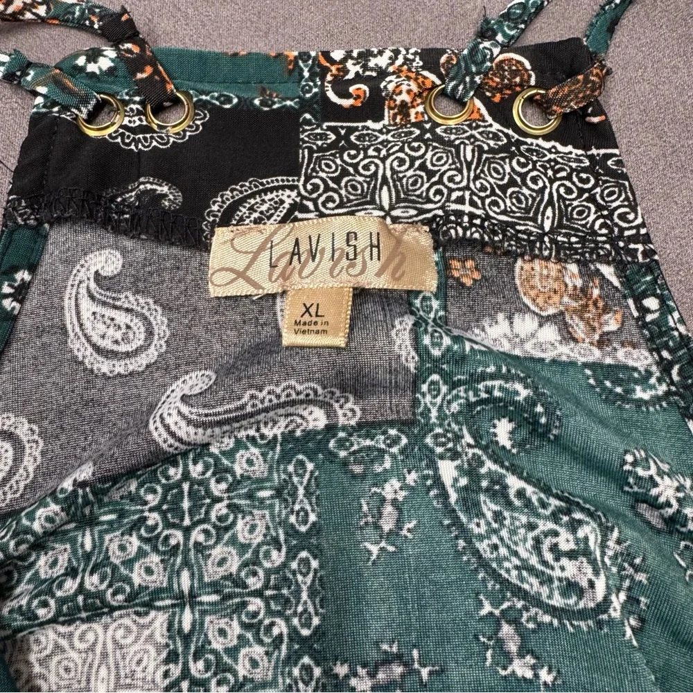Lavish Green Black Patchwork paisley print handkerchief hem cami Tank Top XL - Picture 3 of 8
